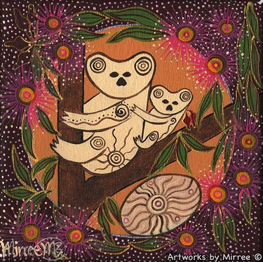 KOALA AND BABY DREAMING WITH COOLAMON Framed Canvas Print by Mirree Contemporary Aboriginal Art